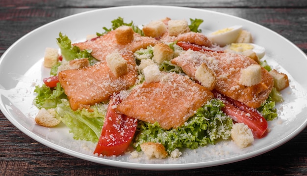 Deliciosa ensalada fresca con pescado rojo para la mesa festiva