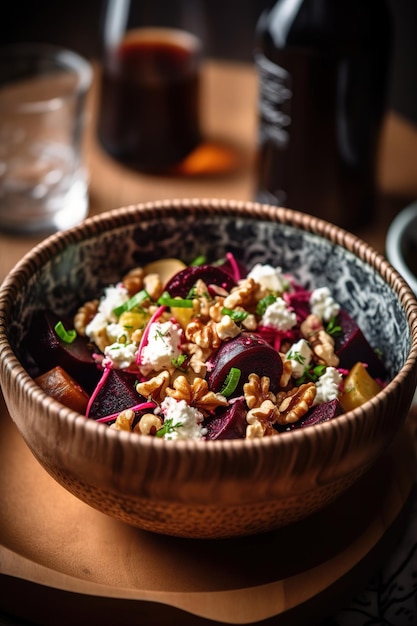 Foto una deliciosa ensalada con fruta y queso