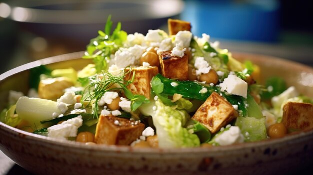 Foto una deliciosa ensalada con fruta y queso