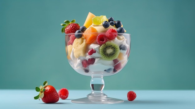 Deliciosa ensalada de frutas en un vaso con helado