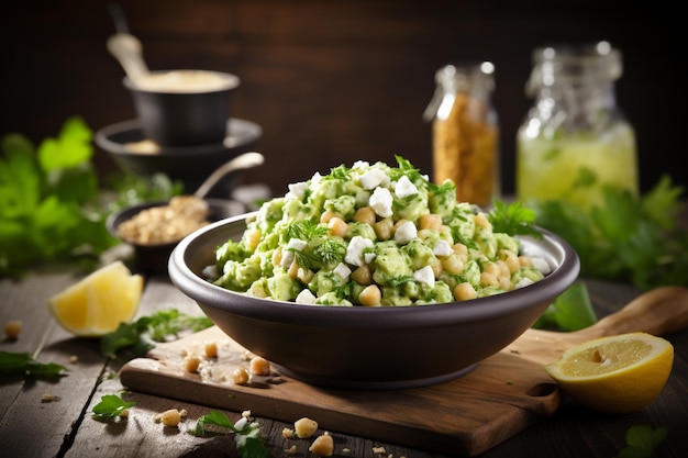 Deliciosa ensalada de garbanzos con aguacate y queso feta