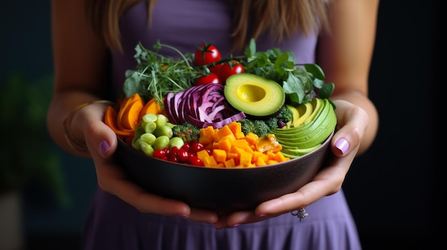 Deliciosa ensalada con ingredientes coloridos tazón verde con tomates aguacate y hierbas