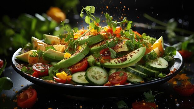 deliciosa ensalada llena de verduras en un plato con fondo borroso