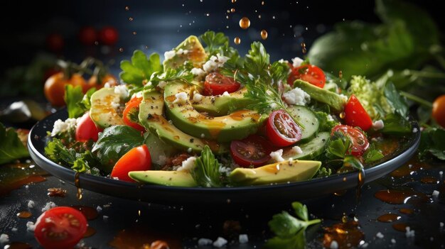 deliciosa ensalada llena de verduras en un plato con fondo borroso