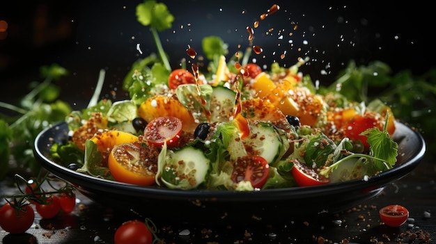 deliciosa ensalada llena de verduras en un plato con fondo borroso