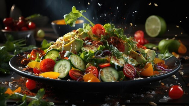 deliciosa ensalada llena de verduras en un plato con fondo borroso