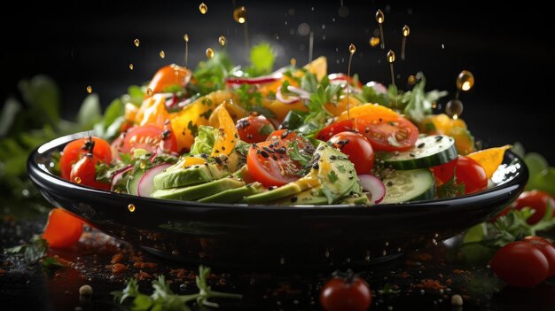 deliciosa ensalada llena de verduras en un plato con fondo borroso