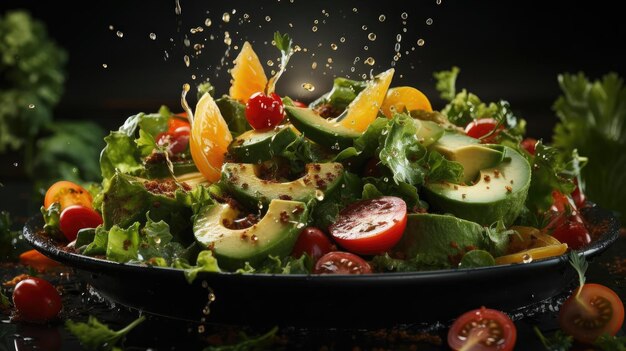 deliciosa ensalada llena de verduras en un plato con fondo borroso