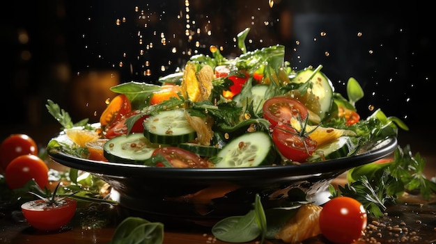 deliciosa ensalada llena de verduras en un plato con fondo borroso