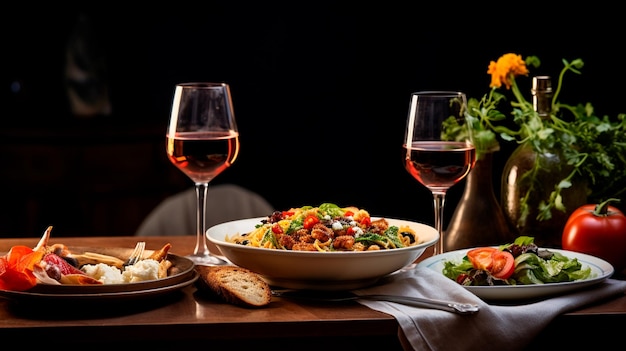 una deliciosa ensalada en la mesa con vino y vasos