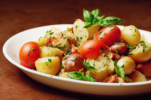 Deliciosa ensalada de patata vegetal con pequeños tomates cherry