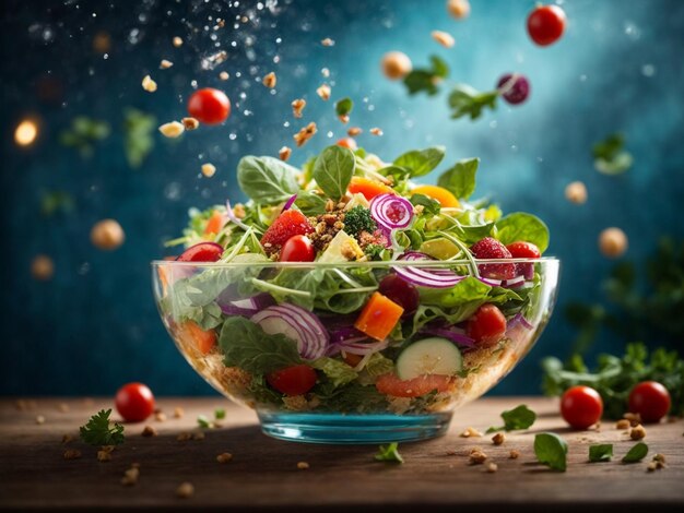 Deliciosa ensalada saludable flotante hecha con ingredientes nutritivos verduras de hojas verdes frutas