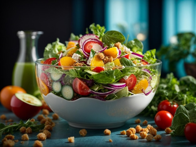 Deliciosa ensalada saludable en vista cinematográfica iluminación de estudio y fotografía de alimentos de fondo