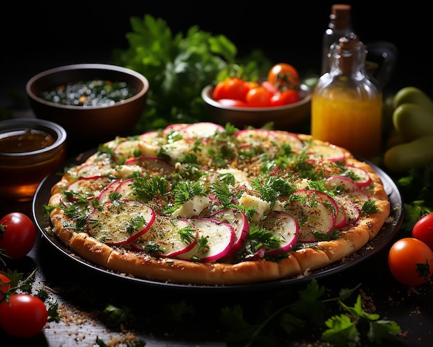 Deliciosa ensalada de verduras con tomates, pepinos, pimientos, rábanos y queso, muchas hierbas y salsas con tartaletas generadas por IA