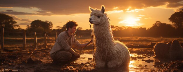 Foto la deliciosa escena de una alpaca esponjosa recibiendo papel tapiz