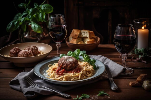 Deliciosa escena italiana pasta al dente salsa de tomate albóndigas y vino rojo generativo IA