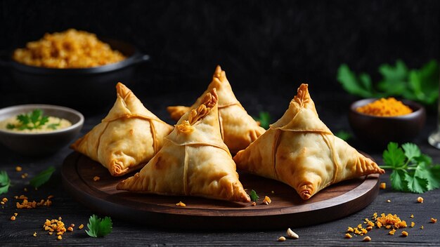 Deliciosa essência de samosas de frango caseiro numa cativante mesa de madeira preta e o bro dourado