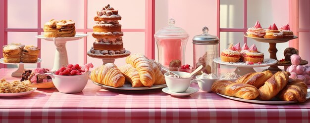 Una deliciosa exhibición de pasteles de viennoiserie se sienta encima de una mesa rosada vibrante invitando a los huéspedes a saborear el indulgente desayuno de la mañana