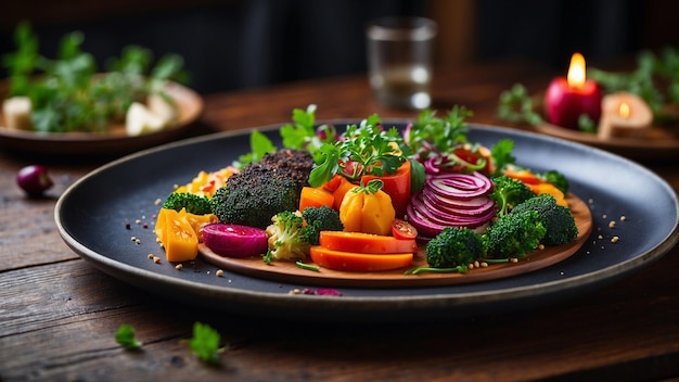 una deliciosa experiencia gastronómica vegetariana con un plato bellamente arreglado con colores vibrantes