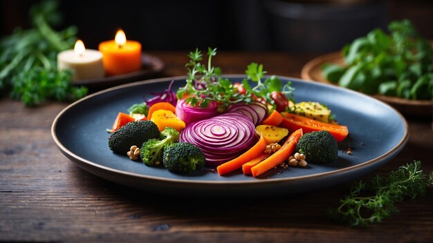 una deliciosa experiencia gastronómica vegetariana con un plato bellamente arreglado con colores vibrantes