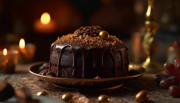 Deliciosa fatia de bolo de chocolate com decorações geradas por IA