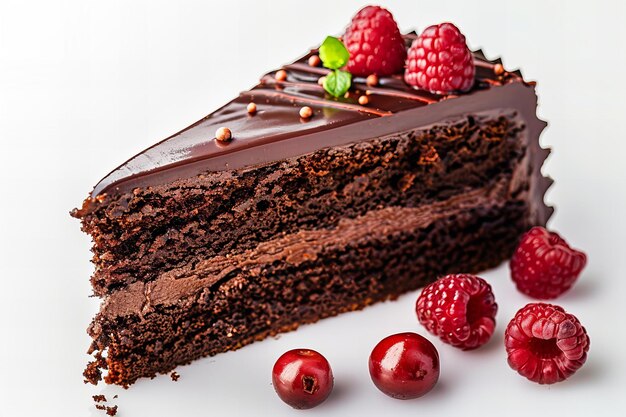 Foto deliciosa fatia de bolo de chocolate com framboesas em branco