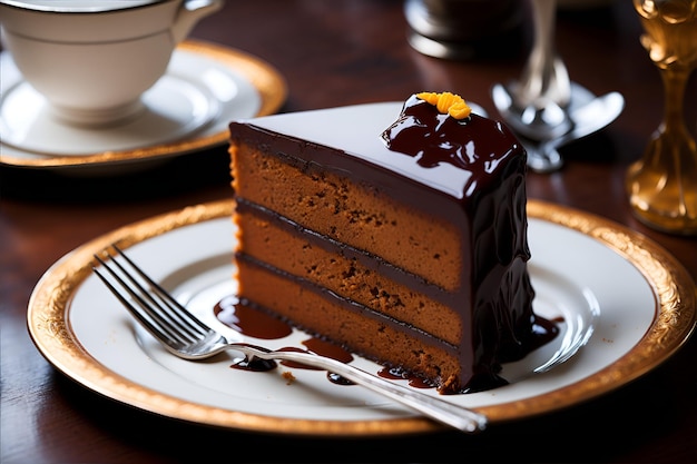 Deliciosa fatia de bolo sacher com geléia de damasco na mesa de madeira tradicional sobremesa austríaca