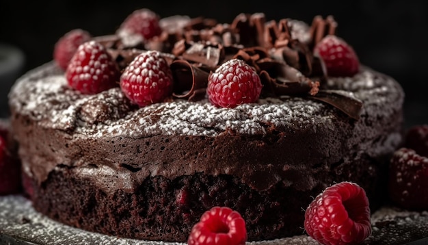 Deliciosa fatia de brownie de chocolate com framboesa em prato rústico gerado por IA