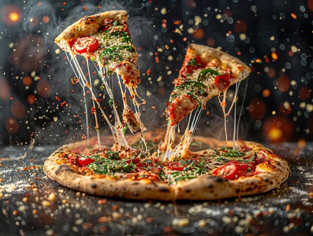 Deliciosa fotografia de pizza explosão de sabores estúdio iluminação estúdio fundo bem iluminado cores vibrantes foco agudo alta qualidade artística única