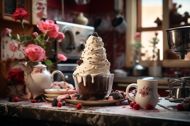 Una deliciosa fotografía de helado con fondo de cocina.