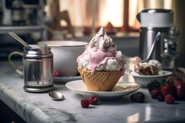 Una deliciosa fotografía de helado con fondo de cocina.