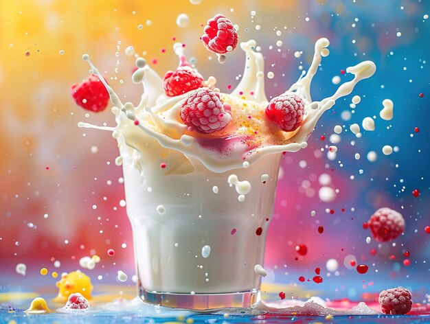 Deliciosa fotografía de leche explosión de sabores iluminación de estudio fondo de estudio bien iluminado colores vibrantes enfoque agudo alta calidad artística única