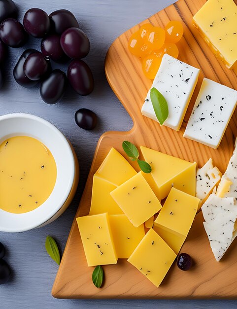 Deliciosa fotografía de queso Flat Lay Mix con uvas y espacio de copia