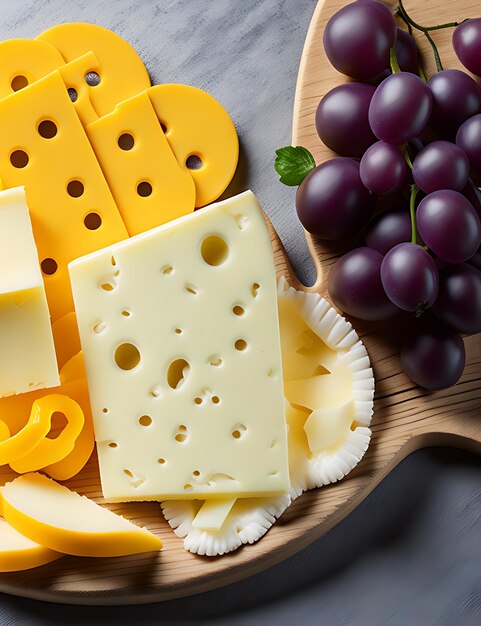Deliciosa fotografía de queso Flat Lay Mix con uvas y espacio de copia