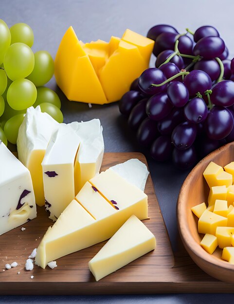 Deliciosa fotografía de queso Flat Lay Mix con uvas y espacio de copia