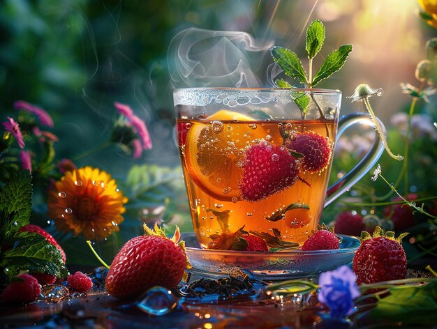 Deliciosa fotografía de té explosión de sabores iluminación de estudio fondo de estudio bien iluminado colores vibrantes enfoque agudo alta calidad artística única fotografía galardonada