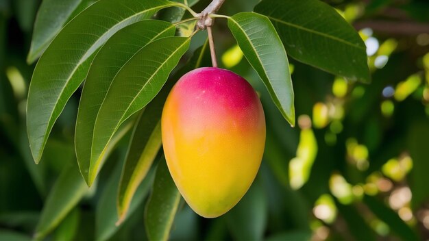 Deliciosa fruta de mango crudo en un árbol