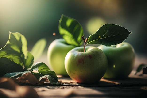 deliciosa fruta de manzana con sus hojas iluminadas con luz solar, aire creativo