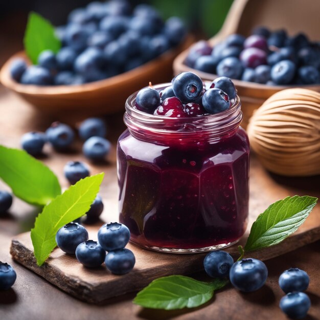 Foto deliciosa geléia de mirtilo no conceito de fundo natural de saudável e dieta