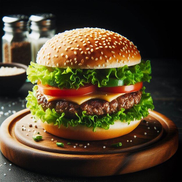 Una deliciosa hamburguesa aislada en fotografía minimalista negra ideal para el menú de un restaurante de comida rápida