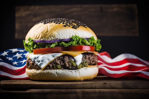 Deliciosa hamburguesa con bandera de estados unidos en el fondo ai ilustración generativa