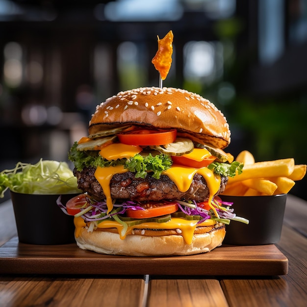 Deliciosa hamburguesa con batatas fritas