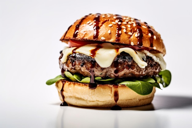 Deliciosa hamburguesa caprese aislada sobre un fondo blanco