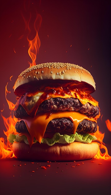 Deliciosa hamburguesa de carne masiva con llama, fondo rojo, historia de instagram