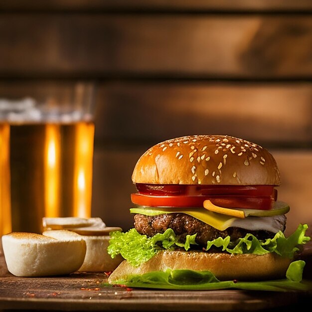 Deliciosa hamburguesa de carne con queso y comida chatarra