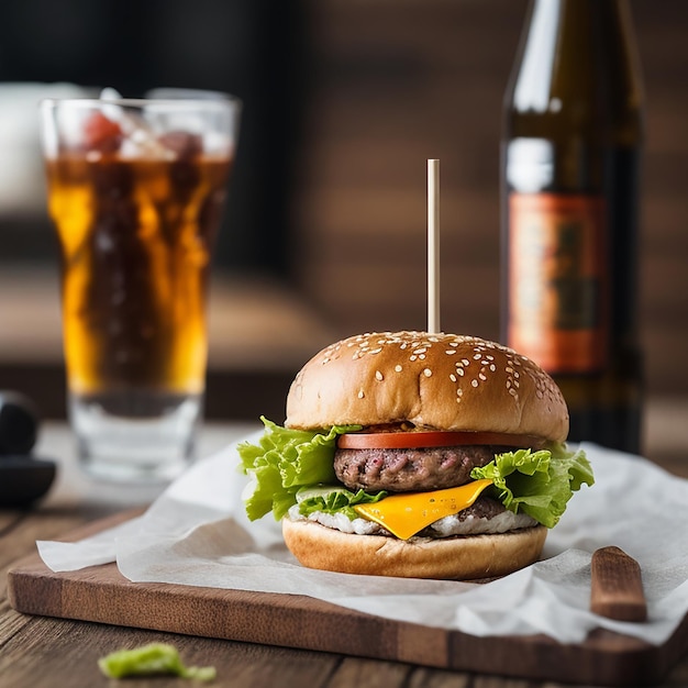 Deliciosa hamburguesa de carne con queso y comida chatarra