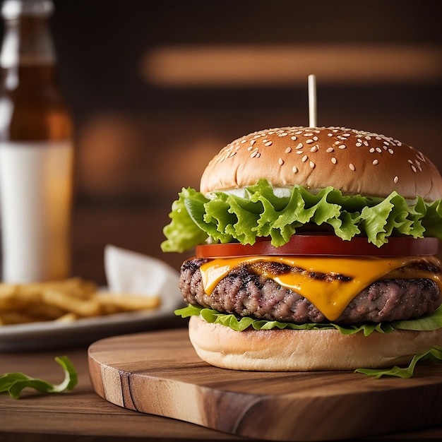 Deliciosa hamburguesa de carne con queso y comida chatarra