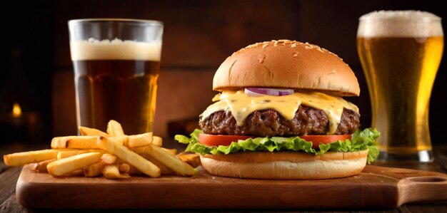 deliciosa hamburguesa de carne de res con queso cebolla lechuga aderezo patatas fritas cerveza fría en una tabla de corte