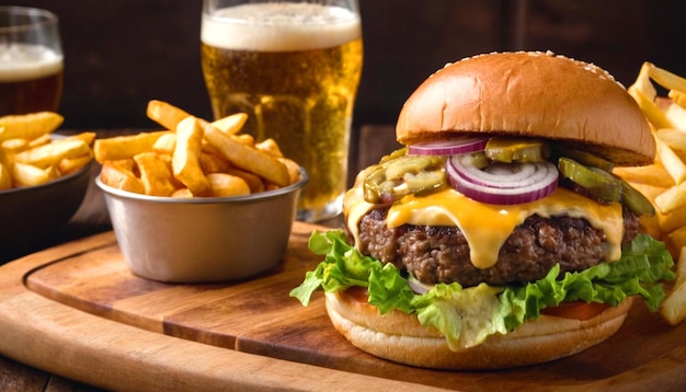 Foto deliciosa hamburguesa de carne de res con queso cebolla lechuga aderezo patatas fritas cerveza fría en una tabla de corte