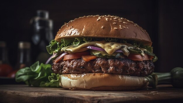 Deliciosa hamburguesa de carne en una tabla de madera con fondo negro